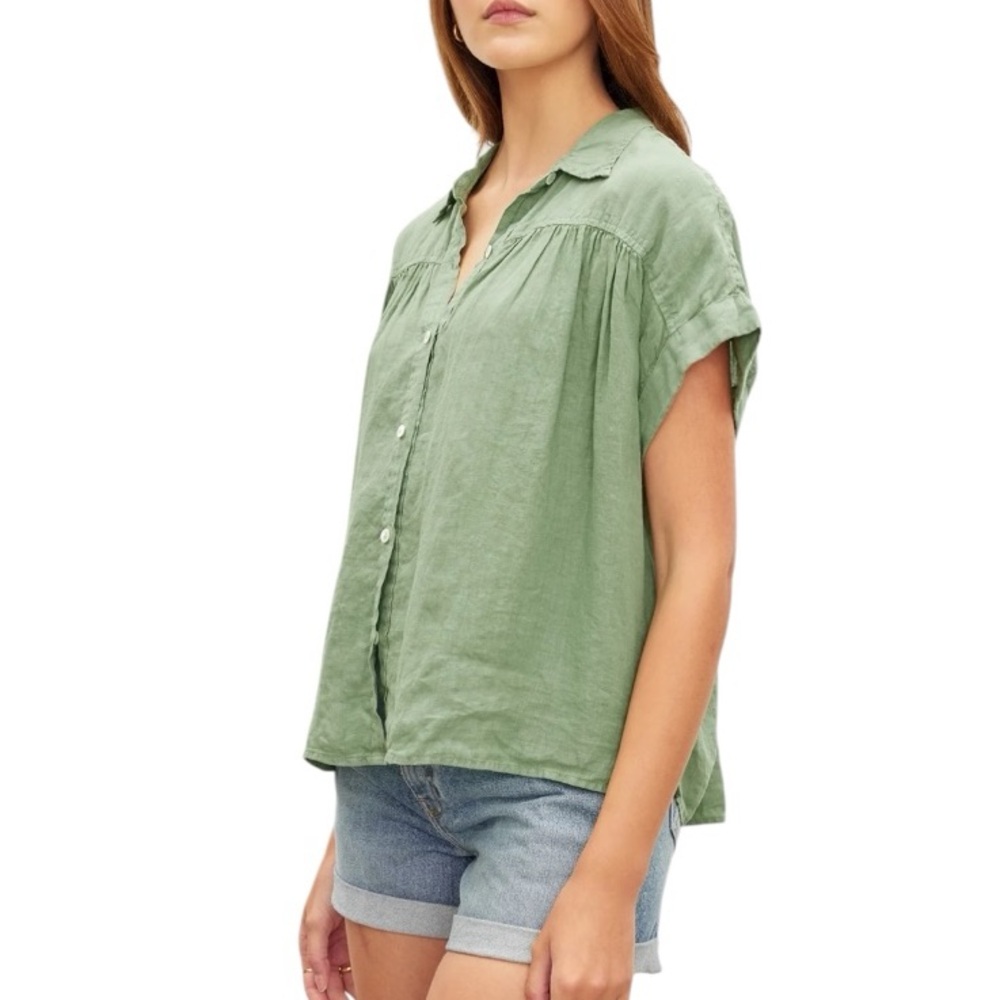 Velvet by Graham & Spencer Light Sage Green Button-Front Linen Top